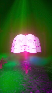 Surreal 3D Render of Glowing Skull Circle Floating Between Stone Pillars