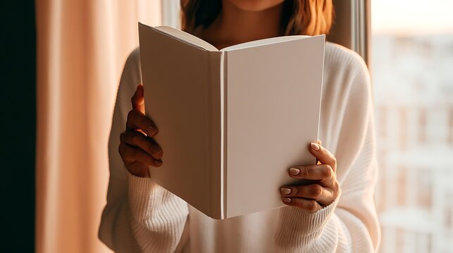 woman reading book indoors by window