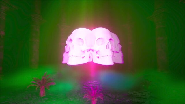 Floating Ring of Skulls with Pink Glow in Green Foggy Ancient Temple