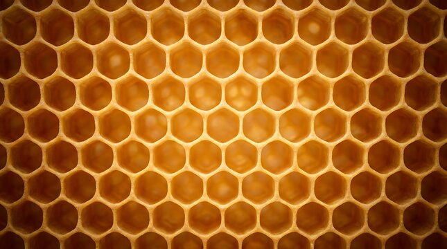 Close up view of natural golden honeycomb structure with honeycomb hexagonal structure background