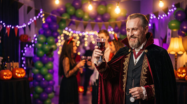 Authentic ancient vampire with a cheerful expression holding a glass at a vibrant Halloween party against a glowing bokeh background with string lights and copy space