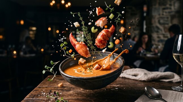 Lobster bisque with levitating seafood chunks sits on a wooden table in a high-end restaurant.