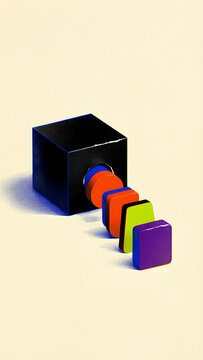 One uniform input row emerging from a black-box form as visibly unequal output shapes for editorial, news, economics, technology, culture and social-commentary campaign