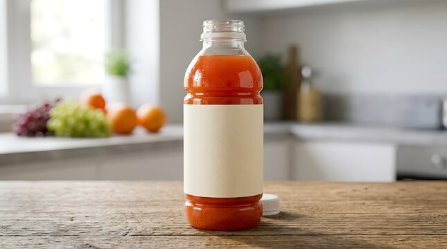 A plastic bottle of refreshing orange juice with a blank white label standing on a wooden table in a bright home kitchen