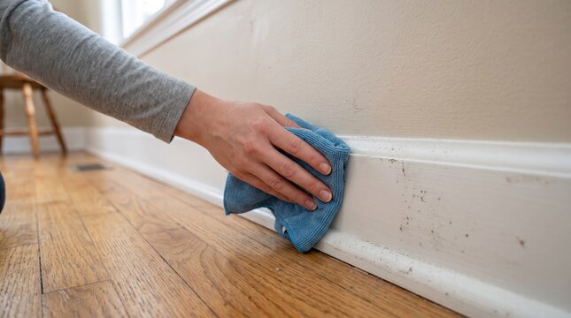 Woman cleaning baseboards in a living room with a blue microfiber cloth, focusing on household chores and interior maintenance for a clean home environment.