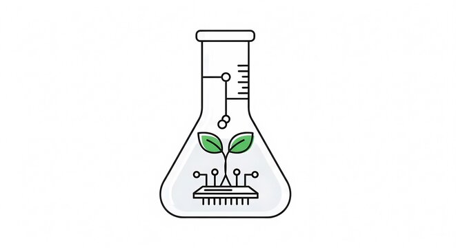 Biotechnology concept with plant growing from microchip inside laboratory flask.