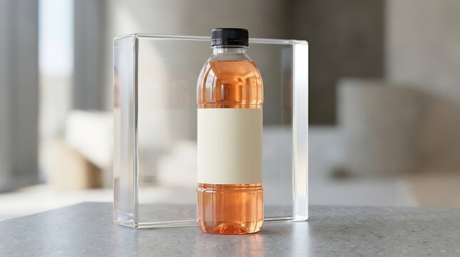 Clear plastic bottle with orange liquid and blank label standing on a grey stone table in a modern bright room setting