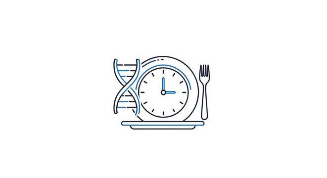 DNA helix next to a clock and plate with fork representing genetic time and diet.