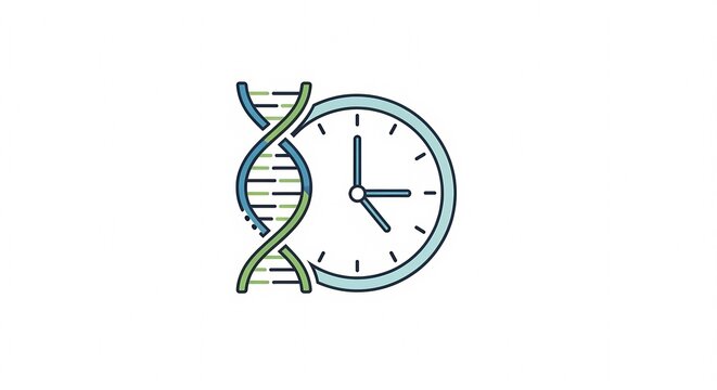 DNA helix next to a clock face symbolizing genetic time and biological aging.