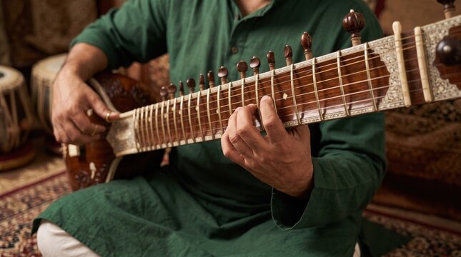 Indian man playing the sitar string instrument in traditional clothing, close up of hands on frets, Indian classical music performance and culture concept