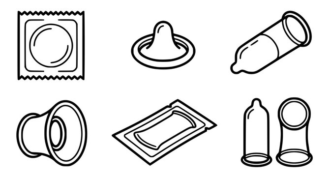 Safe Sex and Reproductive Health Vector Icon Set with Latex Condoms, Contraceptive Packaging, and Internal Prophylactic Protection Symbols for Medical and Educational Websites