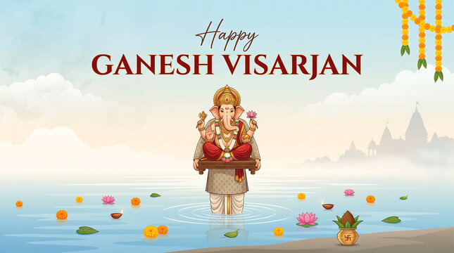 Divine elephant headed deity statue carried into sacred river waters celebrating traditional religious festival greeting card with depicts illustrated elephant