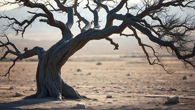 An old tree with cracked bark and bowed branches over parched earth.
