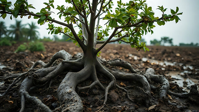 A small uprooted tree with twisted roots exposed in muddy soil under an overcast sky.