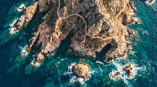 Aerial Rocky Coastline. Turquoise Ocean Rock Formation. Rugged Seaside Landscape. Scenic Nature Photography