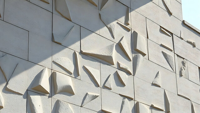 Architectural facade with textured surface resembling angular rock fragments.