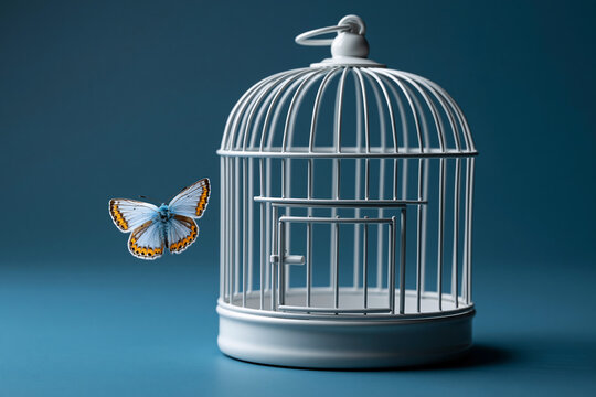 Butterfly flying near an open birdcage on a table