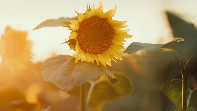 Sunflower field at sunset with bees and warm light