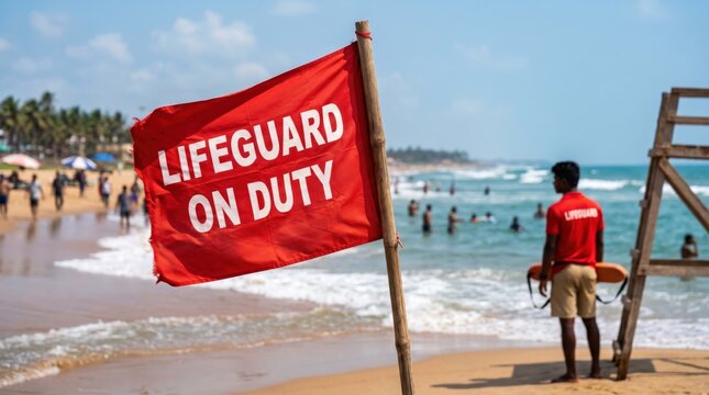 Lifeguard on duty red flag on a sunny tropical beach with a male lifeguard watching the ocean, safety concept for beachgoers and coastal tourism