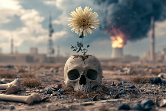 Skull with flower growing in a desolate area