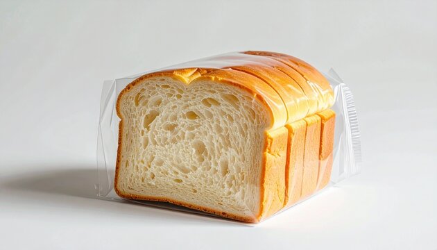 Loaf of sliced white bread in clear plastic packaging, golden crust, soft texture, sealed top, everyday household food staple.
