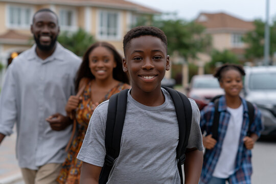 Family walking together in the neighborhood