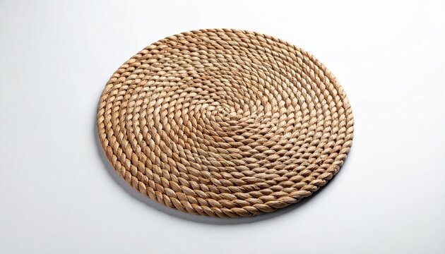 Round woven placemat of natural fibers, concentric braided circles, handcrafted texture, rustic dining accessory displayed on plain white background.