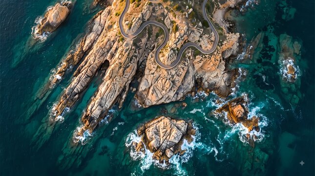 Aerial Rocky Coastline. Turquoise Ocean and Coastal Rocks. Rugged Seaside Landscape. Scenic Nature Photography