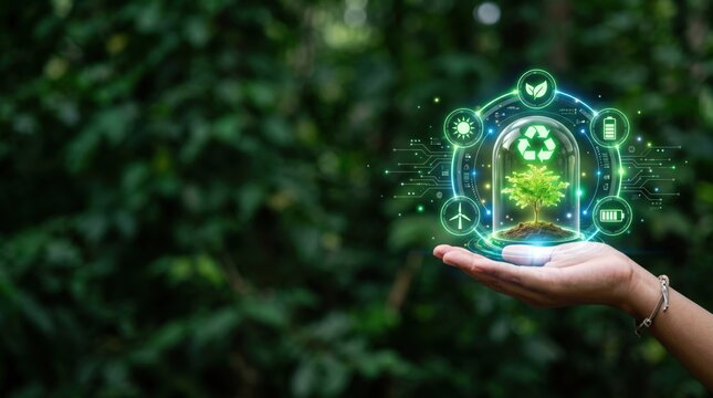 Sustainable energy and green technology concept with a glowing digital ecosystem icon and a young tree protected under a glass dome in a human hand