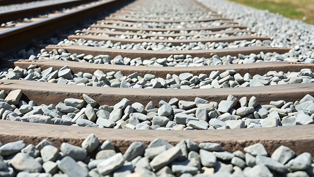 Detailed shot of a railway trackbed with compacted gray ballast stones, texture focus in natural daylight.