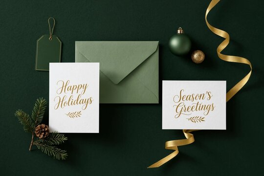 Holiday greeting cards with envelopes and gold ribbon on green
