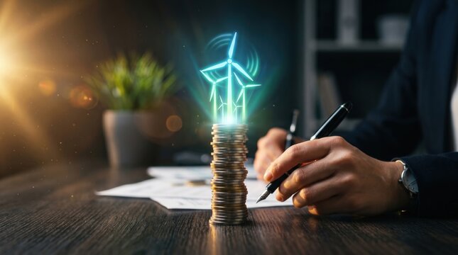 Green energy investment and financial planning concept with a stack of coins and a glowing wind turbine hologram on a desk