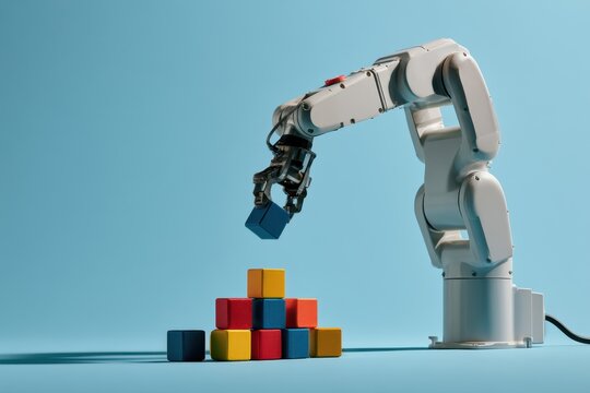 A generic robotic arm accurately sorting colored business cubes.