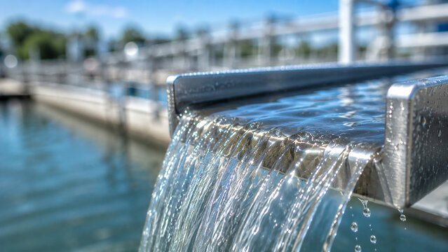 Water cascading over stainless steel weir in industrial treatment facility