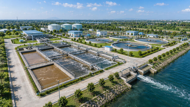 Aerial view of a wastewater treatment plant facility