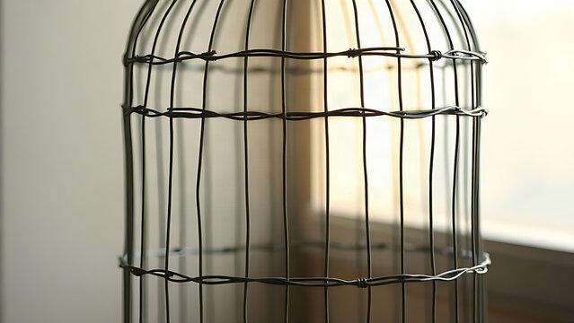 Delicate iron wire birdcage with closed door, minimal interior, soft background.
