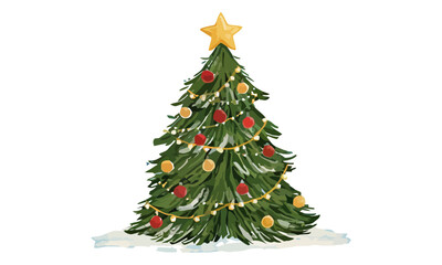 Fototapeta premium Festive christmas tree with colorful ornaments and golden star topper decorations