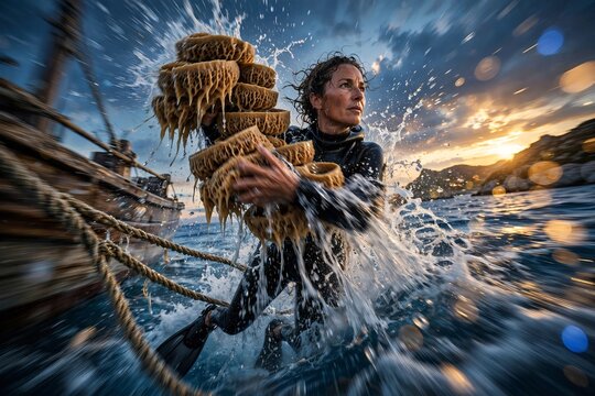 Mediterranean female sponge diver in wetsuit emerging from ocean water with freshly harvested natural sea sponges during sunset next to a traditional wooden boat