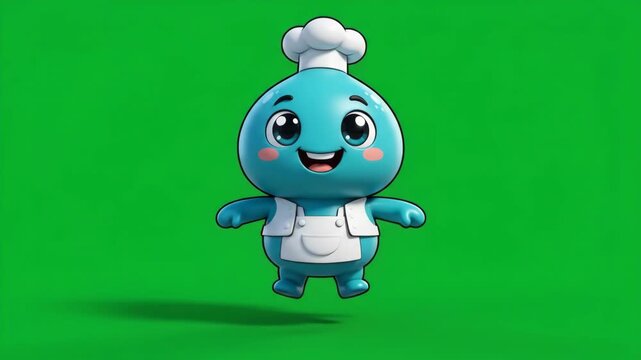 Cute blue cartoon character chef with toque and apron, smiling happily on a green screen background.