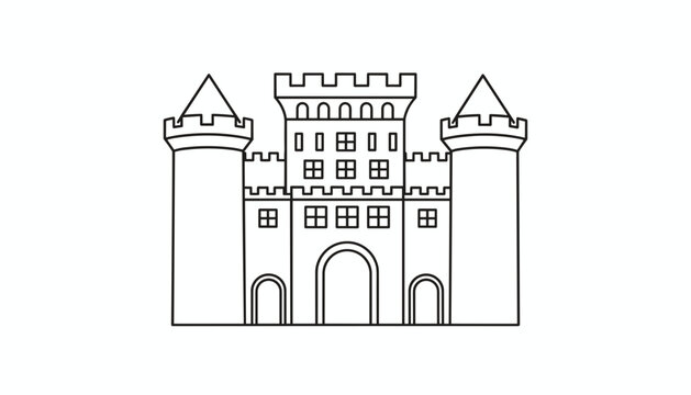 Medieval stone castle outline with symmetrical towers and battlements presented in clean black line art style.