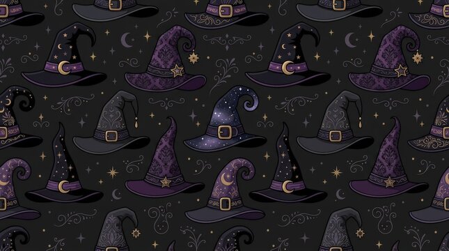 Halloween seamless pattern with witch hat on dark background