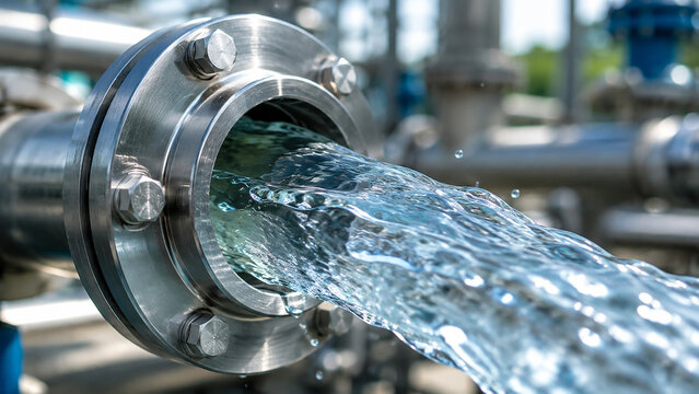Water flowing from a large stainless steel industrial pipe flange