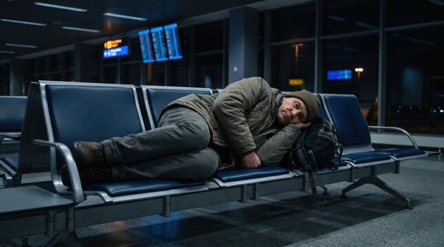 Middle-aged caucasian man sleeping on airport waiting room chairs with backpack waiting for delayed flight travel disturbance concept
