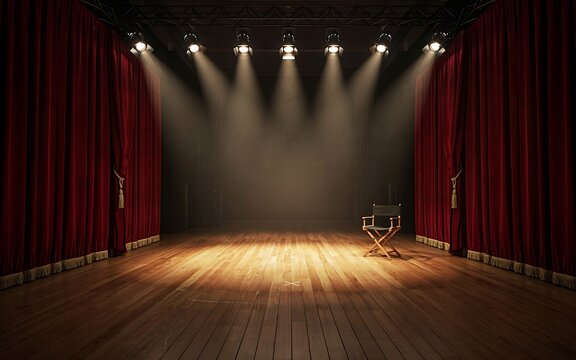 Empty theater stage with wooden floor and red curtains illuminated by bright spotlights from above