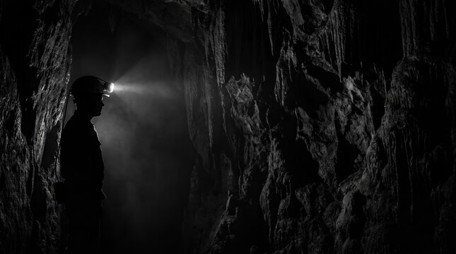 A male adult spelunker exploring a dark underground cave with a headlamp, illustrating adventure, discovery, and extreme exploration in a subterranean cavern