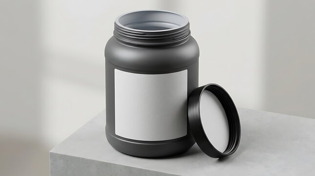 Black plastic supplement jar with a blank label and open lid sitting on a stone pedestal for professional branding