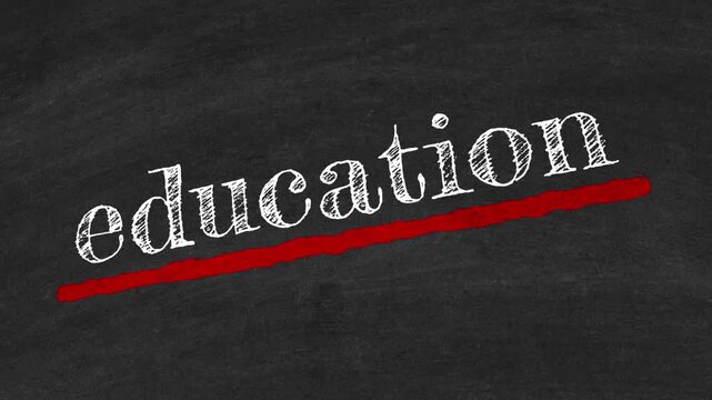 The Word Education Handwritten in White Chalk with Bold Red Underline on Black Chalkboard Background Symbolizing Academic Learning, Teaching Methodology, School Knowledge, Student Development