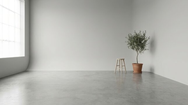 Minimalist empty room with light gray walls and a small plant on a wooden side table near a window