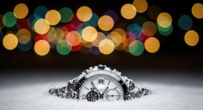 A close-up view of a luxury watch resting in soft white snow during winter as glowing festive bokeh lights shimmer in the dark night background, holiday, evening, cold