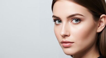 Fototapeta premium Professional businesswoman beauty close-up with blue eyes, sleek brown hair, natural makeup, confident expression, and generous copy space on a clean light gray studio background